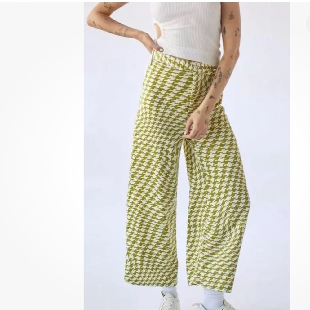 Urban Outfitters Women's Wide Leg Palazzo Green Satin Geometric Pants  medium